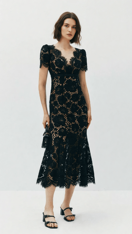 Imelda Black Lace Midi Dress | Elegant V-Neck Cocktail & Party Dress for Women