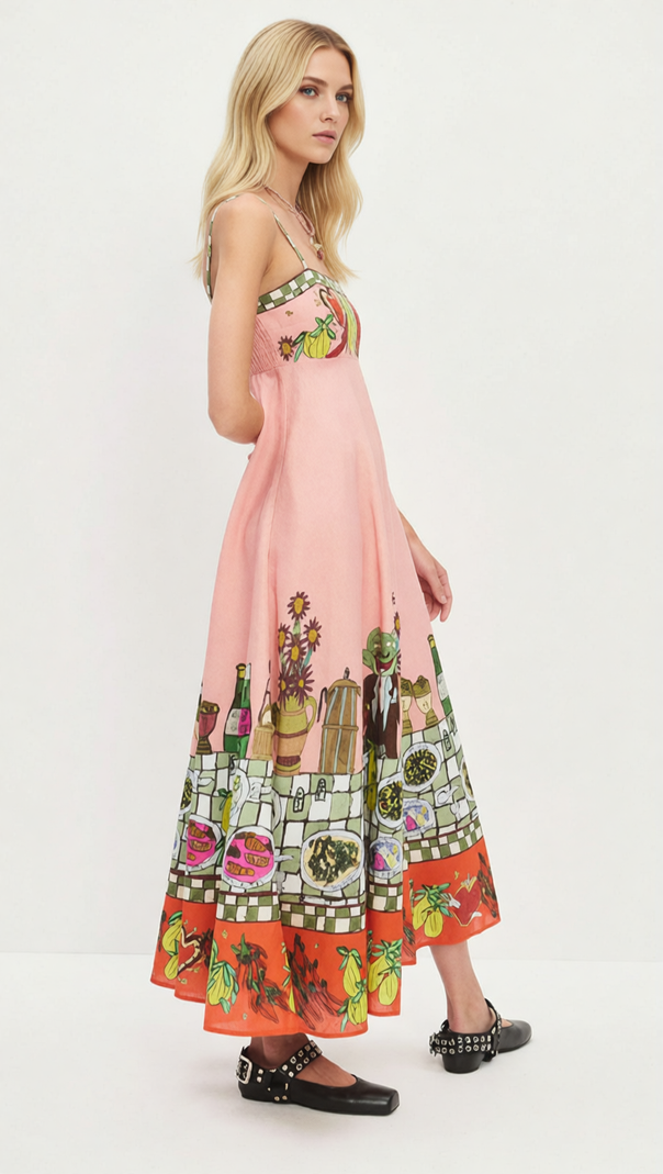 AIIZIE Irwin Artistic Fiesta Print Strappy Midi Dress for Vibrant Summer Style - product image