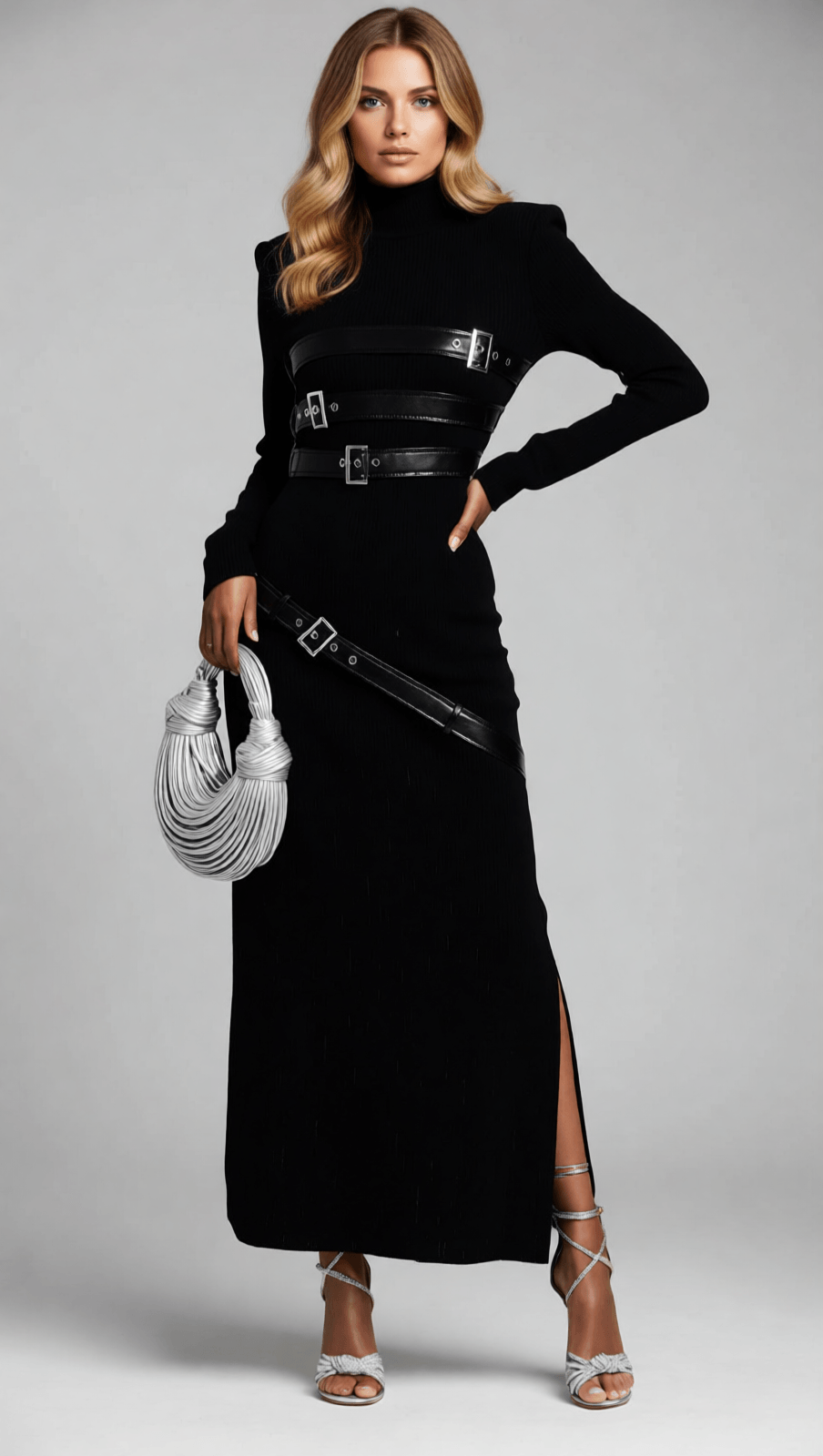Isai Black Statement Buckle Maxi Dress - Long Sleeve Evening Gown