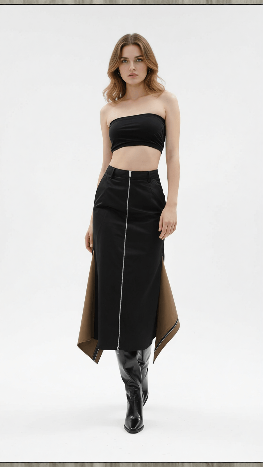 IDONIA TWO-TONE ZIPPER-FRONT MIDI SKIRT - MODERN BLACK CHIC