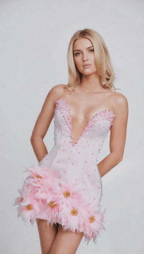 HITA PINK STRAPLESS BEADED FLORAL BANDAGE MINI DRESS - PARTY GLAM