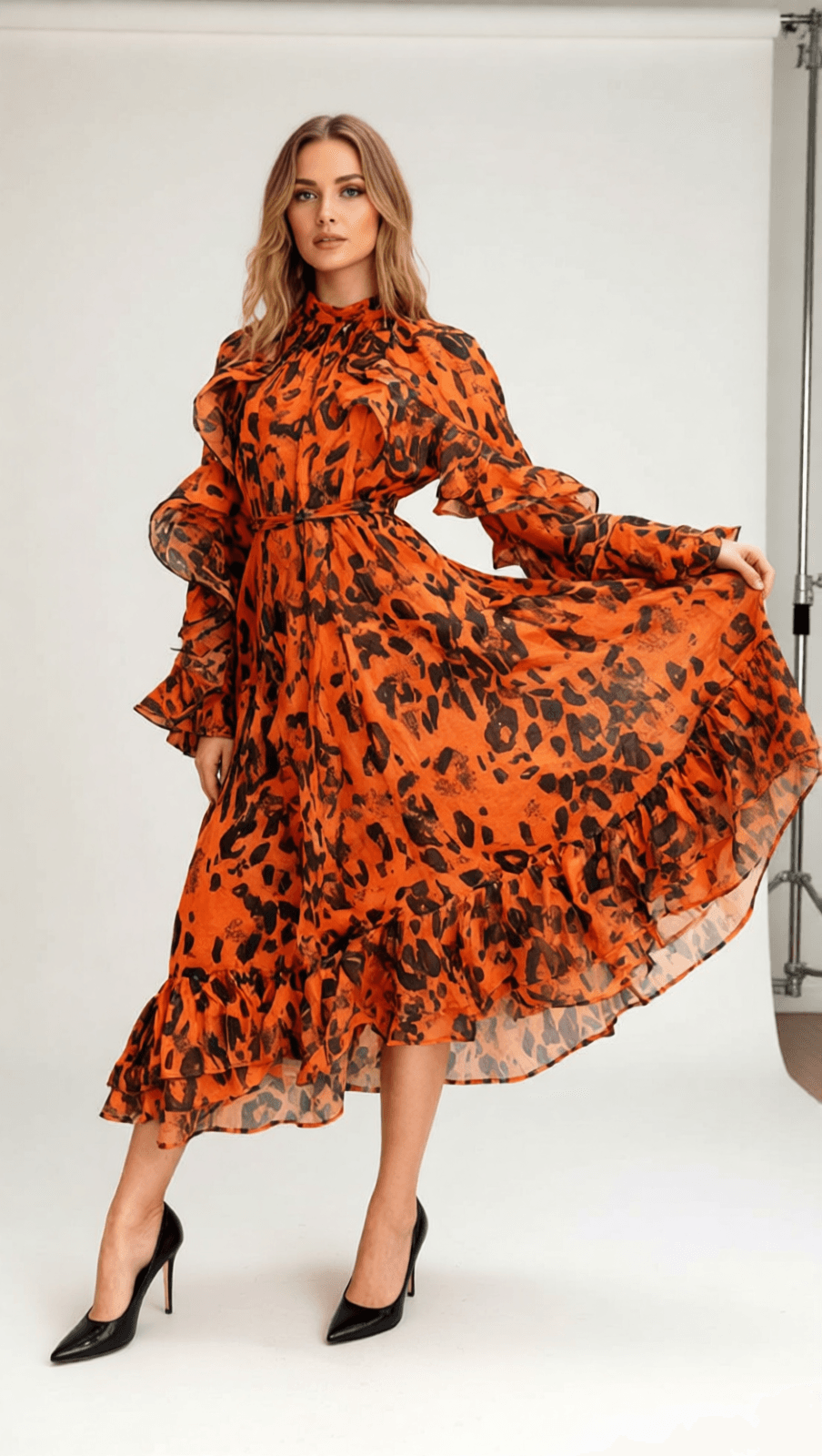Chic Orange Leopard Ruffle Midi Dress | Long Sleeve Statement Style