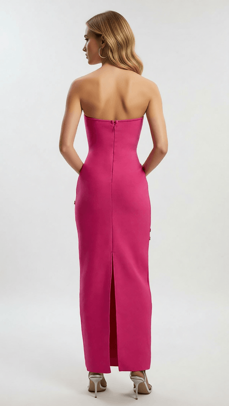 Fuchsia Pink Strapless Floral Sequin Bandage Maxi Gown