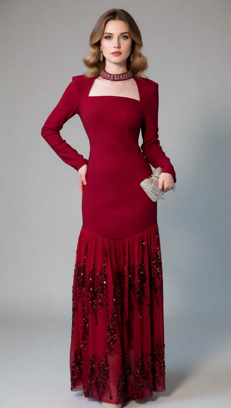Ioana Glamorous Red Sequin Long Sleeve Maxi Dress - Elegant Square Neck Evening Gown