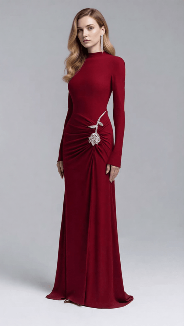 AIIZIE Elegant Merlot Ruched Long Sleeve Maxi Dress with Crystal Flower Embellishment - product image