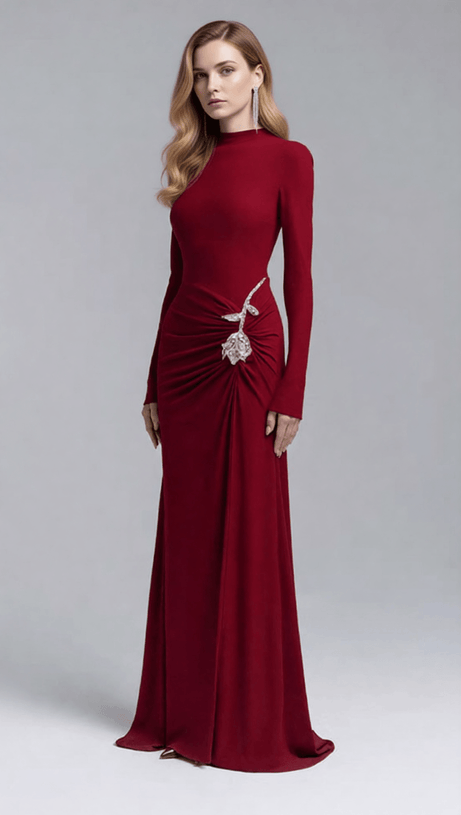 Elegant Merlot Ruched Long Sleeve Maxi Dress with Crystal Flower Embellishment