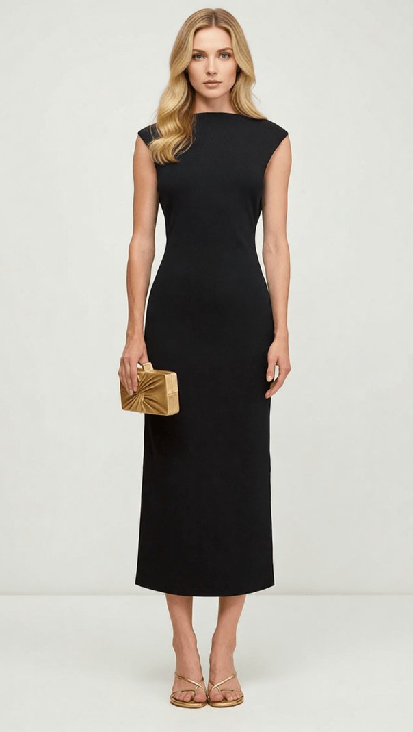 AIIZIE IDA BLACK BACKLESS MIDI DRESS WITH GOLD EMBELLISHMENTS - ELEGANT EVENING & COCKTAIL WEAR - product image