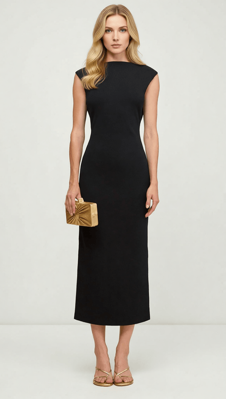 IDA BLACK BACKLESS MIDI DRESS WITH GOLD EMBELLISHMENTS - ELEGANT EVENING & COCKTAIL WEAR