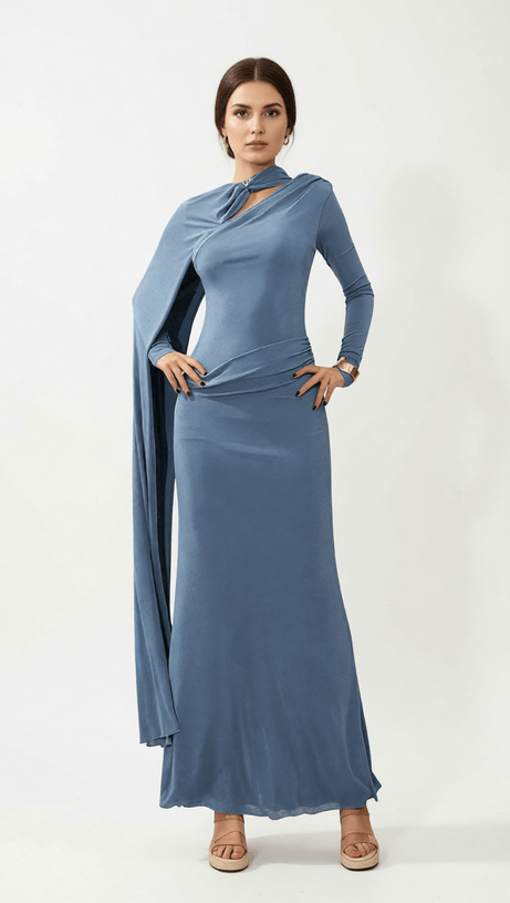 HOLA STRAP ELEGANT DRAPED LONG SLEEVE MAXI DRESS - SOPHISTICATED EVENING GOWN