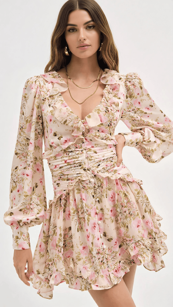 AIIZIE IOLANTHE ROMANTIC RUFFLE FLORAL MINI DRESS | LONG SLEEVE & FLIRTY STYLE - product image