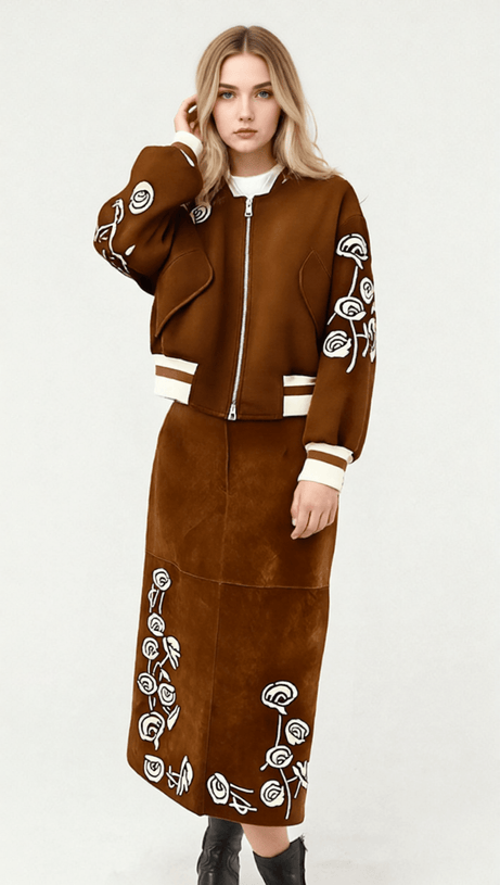 HUDA CHIC BROWN EMBROIDERED FAUX SUEDE BOMBER JACKET & MIDI SKIRT SET