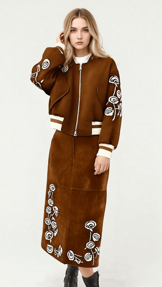 AIIZIE HUDA CHIC BROWN EMBROIDERED FAUX SUEDE BOMBER JACKET & MIDI SKIRT SET - product image