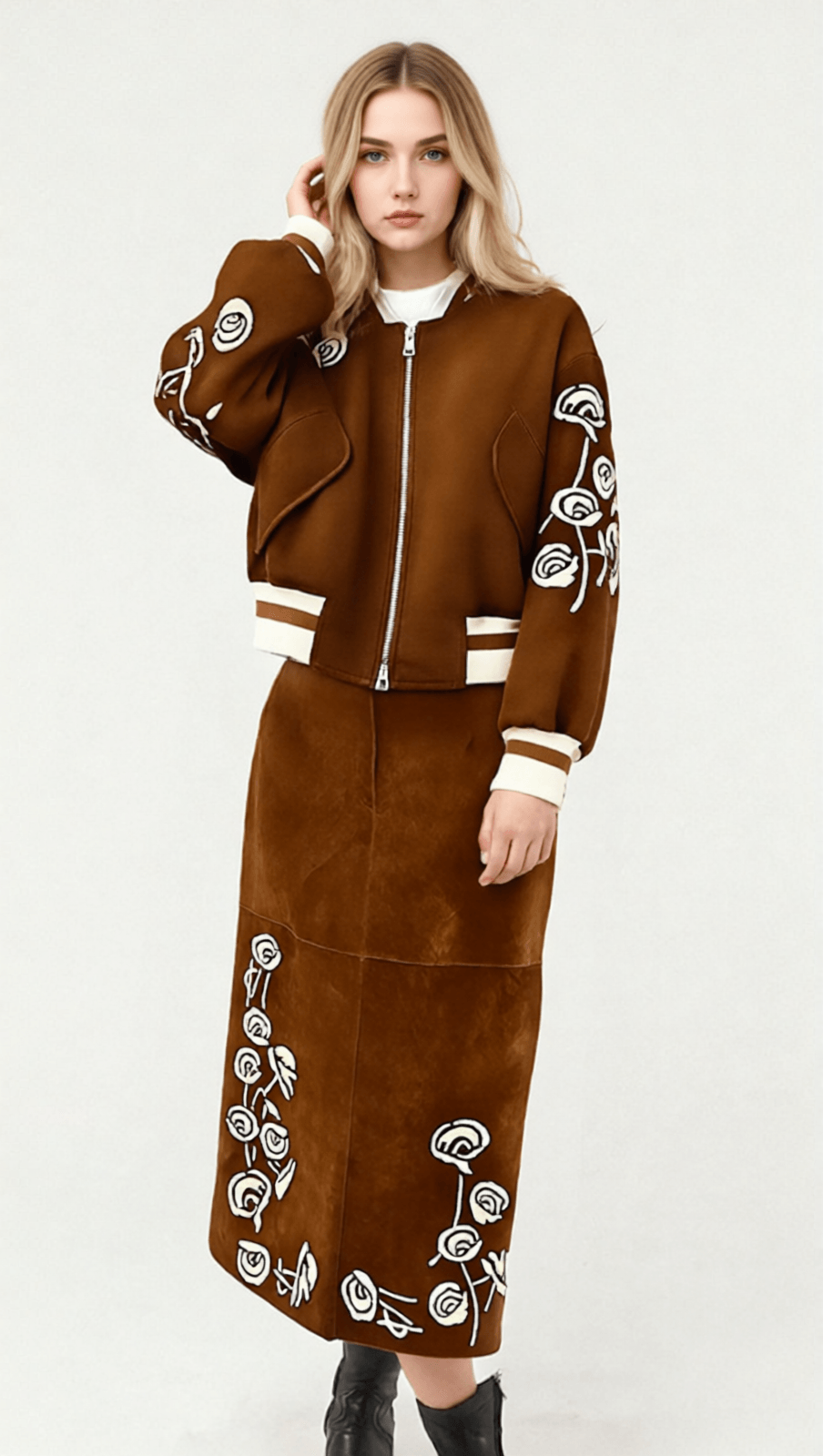 HUDA CHIC BROWN EMBROIDERED FAUX SUEDE BOMBER JACKET & MIDI SKIRT SET