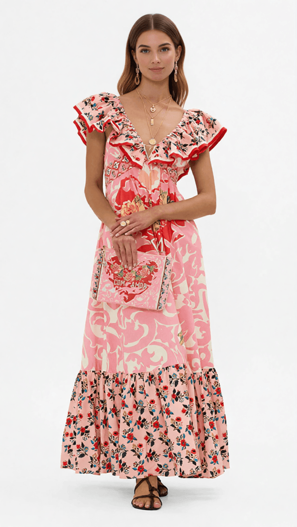 AIIZIE IRINA CHIC PINK FLORAL V-NECK MAXI DRESS - BOHEMIAN TIERED PRINT - product image