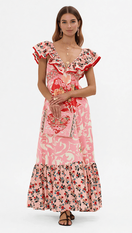 IRINA CHIC PINK FLORAL V-NECK MAXI DRESS - BOHEMIAN TIERED PRINT