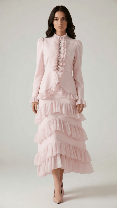 Ignace Elegant Ruffle Two-Piece Set - Long Sleeve Top & Tiered Maxi Skirt