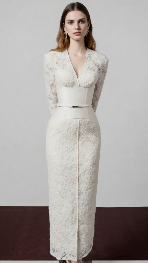 AIIZIE Gaia V-Neck Lace Midi Sheath Dress - Elegant & Versatile for Women - product image