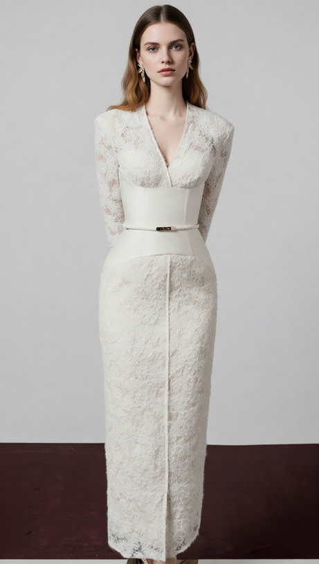 Gaia V-Neck Lace Midi Sheath Dress - Elegant & Versatile for Women
