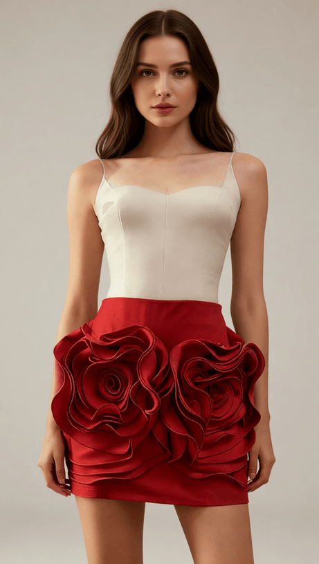 Ilmari Red Rose 3D Flower Mini Skirt - Elegant Statement Piece