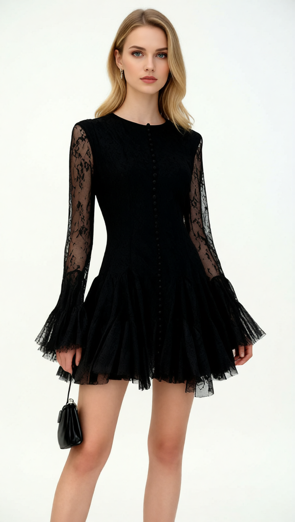 AIIZIE INA BLACK LACE MINI DRESS - ELEGANT LONG SLEEVE COCKTAIL DRESS - product image
