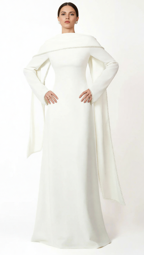 AIIZIE HIDI SHAWL PEARL-TRIMMED MAXI DRESS | ELEGANT LONG SLEEVE WHITE GOWN - product image