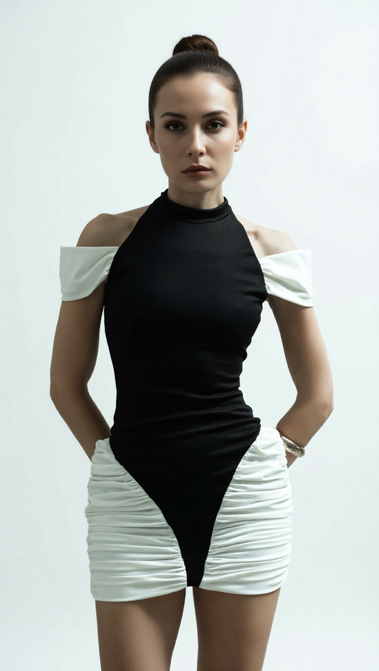 AIIZIE HESPERIA HALTER RUCHED MINI DRESS - TWO-TONE BODYCON GLAMOUR - product image