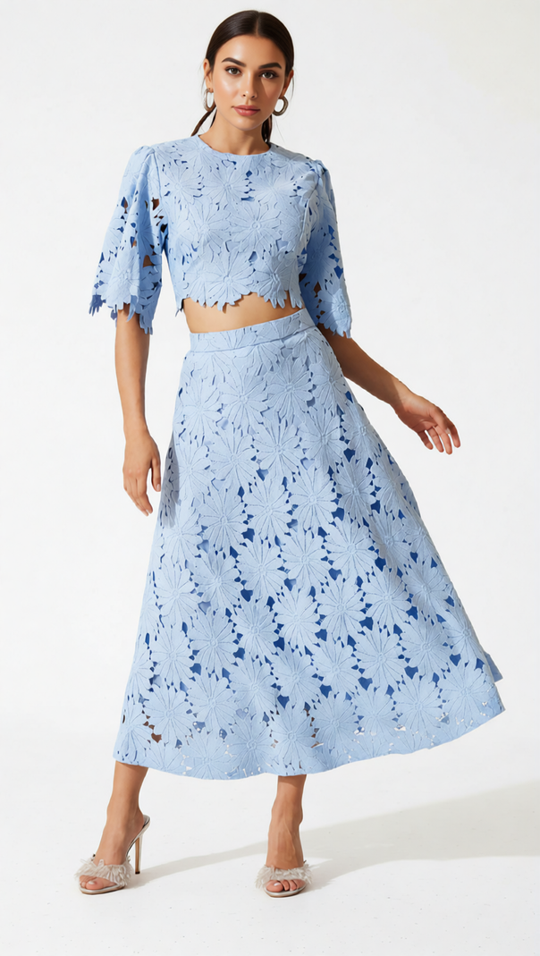 AIIZIE ZAELYTH ELEGANT FLORAL CUT-OUT LACE SKIRT SET - SKY BLUE CROP TOP & MIDI - product image
