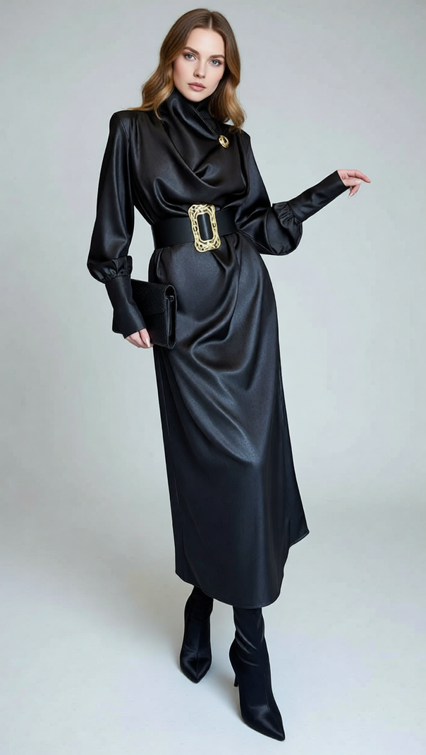 AIIZIE Imad Black Elegant Long Sleeve Belted Maxi Dress - Statement Gold Buckle - product image