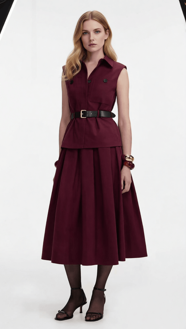 AIIZIE Iliana Elegant Burgundy Sleeveless Belted Skirt Set - Chic 2-Piece Outfit for Women - product image