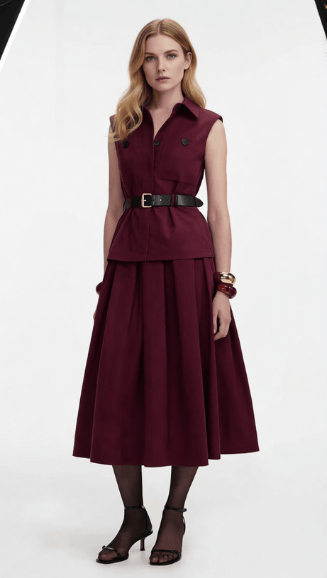 Iliana Elegant Burgundy Sleeveless Belted Skirt Set - Chic 2-Piece Outfit for Women