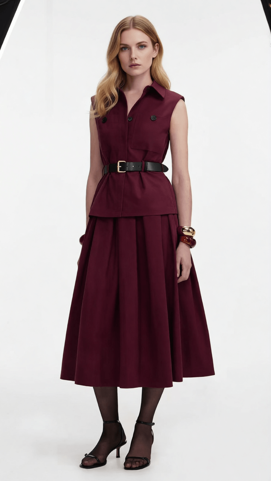 Iliana Elegant Burgundy Sleeveless Belted Skirt Set - Chic 2-Piece Outfit for Women