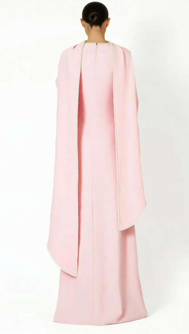 AIIZIE HIDI PINK PEARL TRIM SHAWL MAXI DRESS | ELEGANT LONG SLEEVE FORMAL GOWN - product image