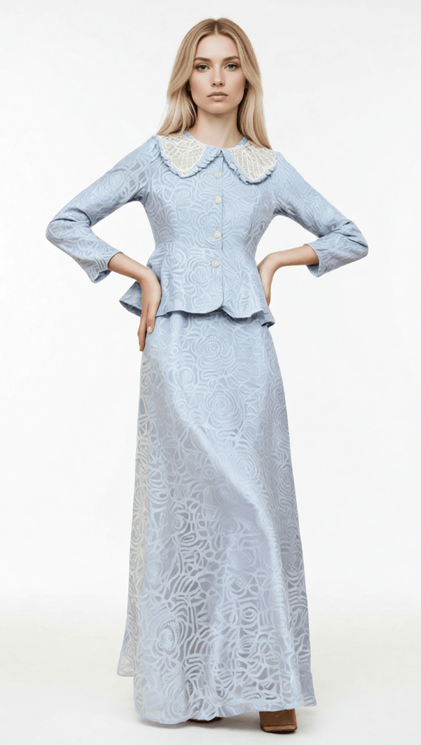 AIIZIE ILONA BLUE ELEGANT FLORAL LACE PEPLUM TWO-PIECE SKIRT SET - product image