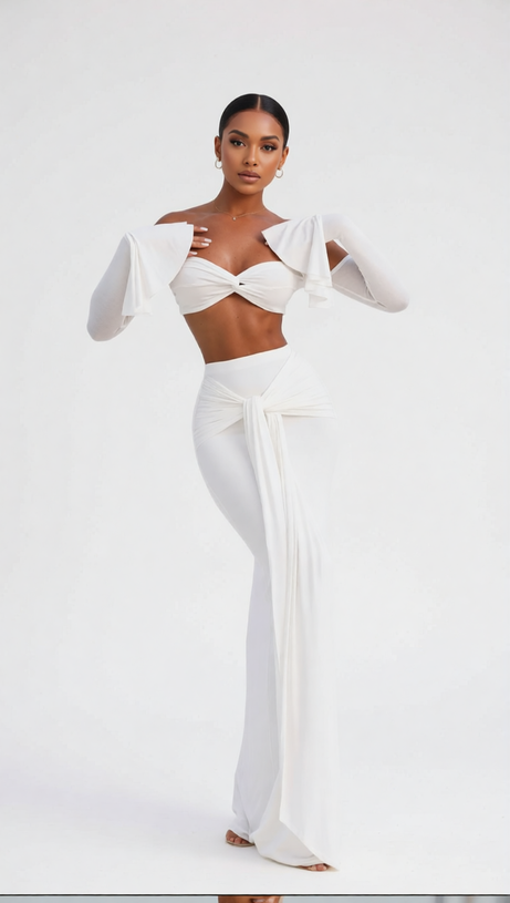 HESSA WHITE RESORT CHIC TWO-PIECE SET | STRAPLESS TOP, TIE-WAIST PANTS & STATEMENT SLEEVES