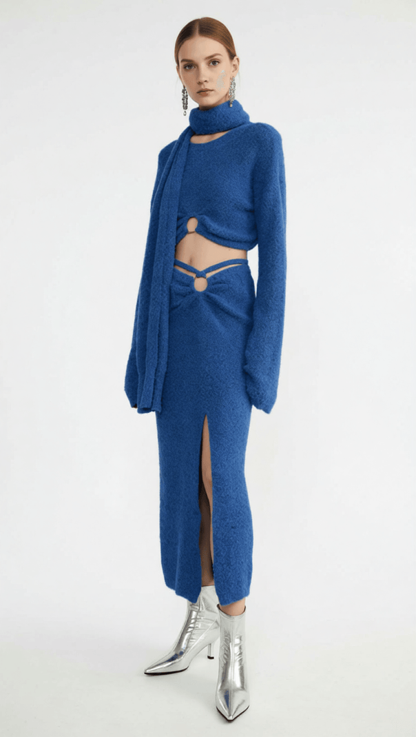 AIIZIE HOSHIKO CHIC BLUE KNIT 3-PIECE SET: CROP TOP, SLIT MIDI SKIRT & SCARF - product image