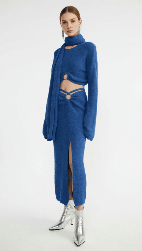 HOSHIKO CHIC BLUE KNIT 3-PIECE SET: CROP TOP, SLIT MIDI SKIRT & SCARF