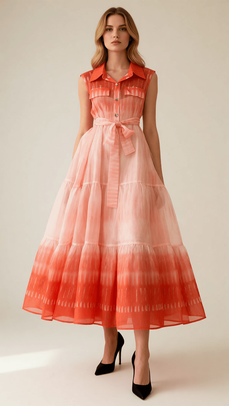 Isi Ombre Tie-Dye Sleeveless Midi Dress - Flowy Tiered Shirtdress