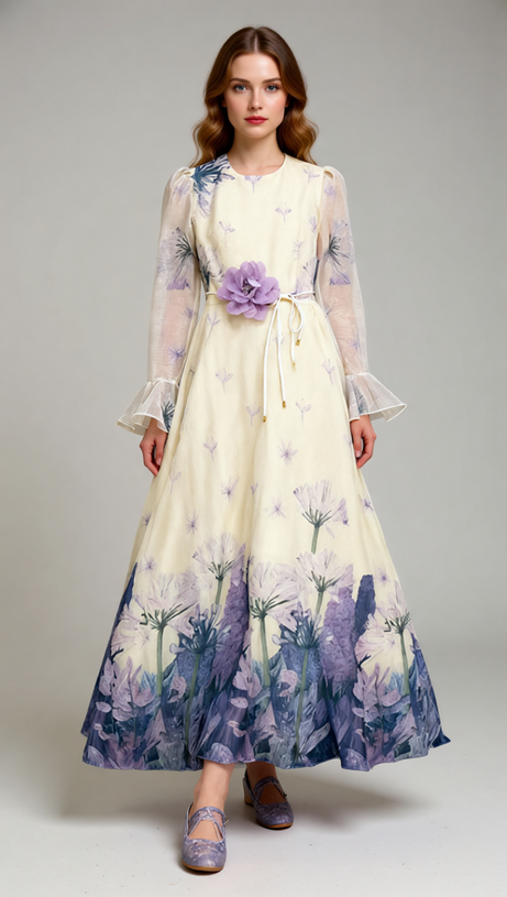 Isadore Elegant Floral Maxi Dress - Long Sleeve Chiffon Gown with Flower Belt