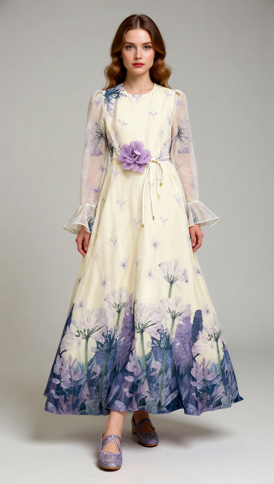 Isadore Elegant Floral Maxi Dress - Long Sleeve Chiffon Gown with Flower Belt