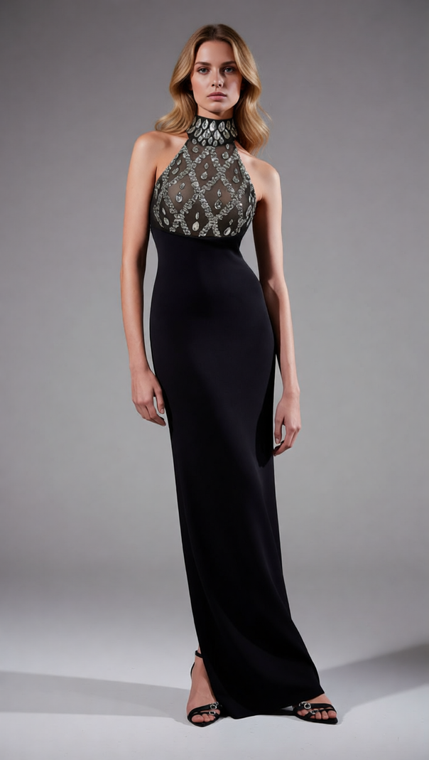 AIIZIE Iwao Black Halter Rhinestone Maxi Gown - Show-Stopping Sparkle & Elegance - product image