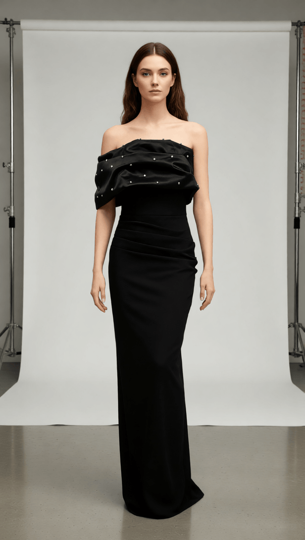 AIIZIE Ilia Black Embellished Off-Shoulder Bandage Maxi Gown | Red Carpet Glamour - product image