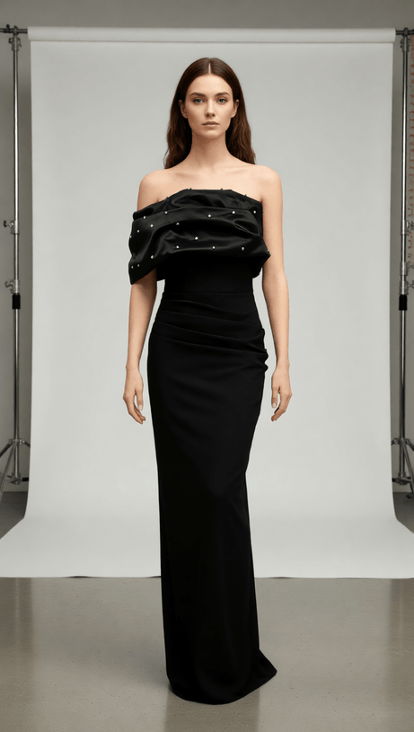 Ilia Black Embellished Off-Shoulder Bandage Maxi Gown | Red Carpet Glamour