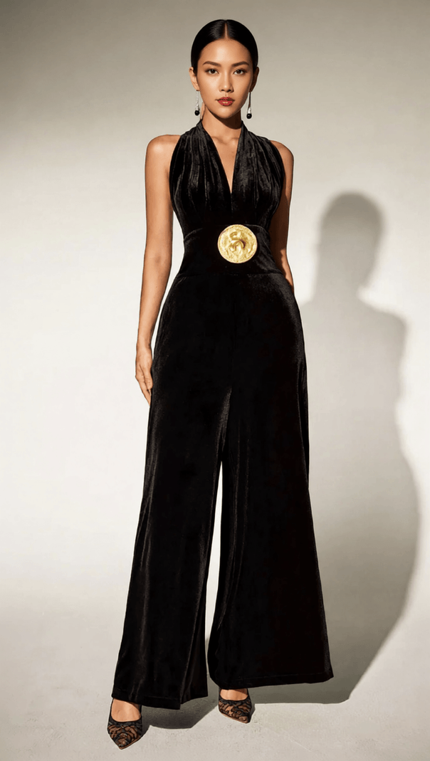 AIIZIE BRYTNI HALTERNECK VELVET JUMPSUIT | ELEGANT WIDE-LEG WITH STATEMENT GOLD BUCKLE - product image