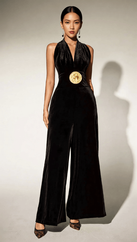 BRYTNI HALTERNECK VELVET JUMPSUIT | ELEGANT WIDE-LEG WITH STATEMENT GOLD BUCKLE