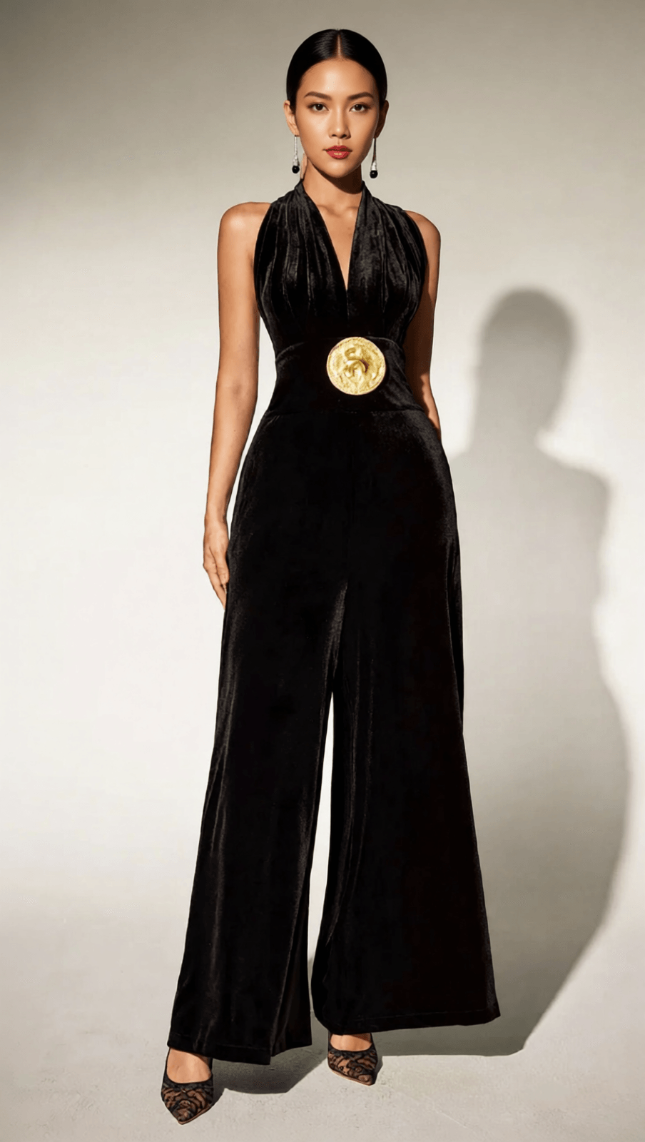 BRYTNI HALTERNECK VELVET JUMPSUIT | ELEGANT WIDE-LEG WITH STATEMENT GOLD BUCKLE