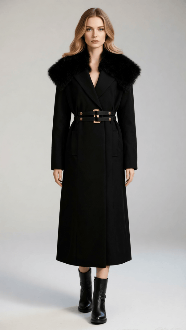 AIIZIE Ismail Luxe Black Fur Collar Coat: Elegant Winter Warmth with Gold Belt Detail - product image