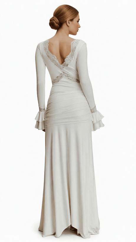 AKEELAH GRACEFUL LACE-TRIMMED FLARE SLEEVE MAXI DRESS | TIE-WAIST ELEGANCE