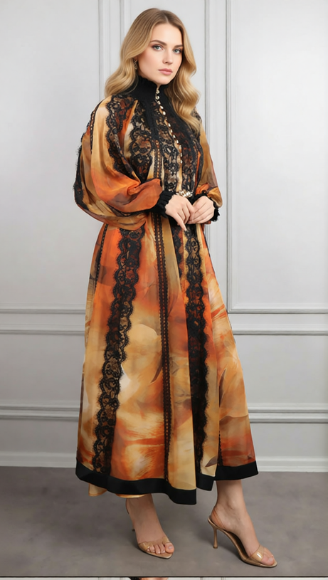 Elegant Imari Lace & Print Midi Dress | Romantic Long Sleeve Women's Gown
