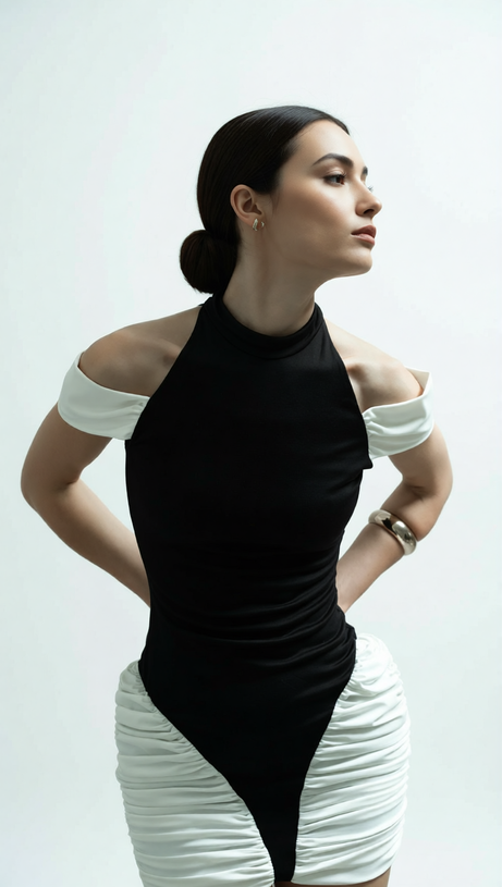 HESPERIA HALTER RUCHED MINI DRESS - TWO-TONE BODYCON GLAMOUR