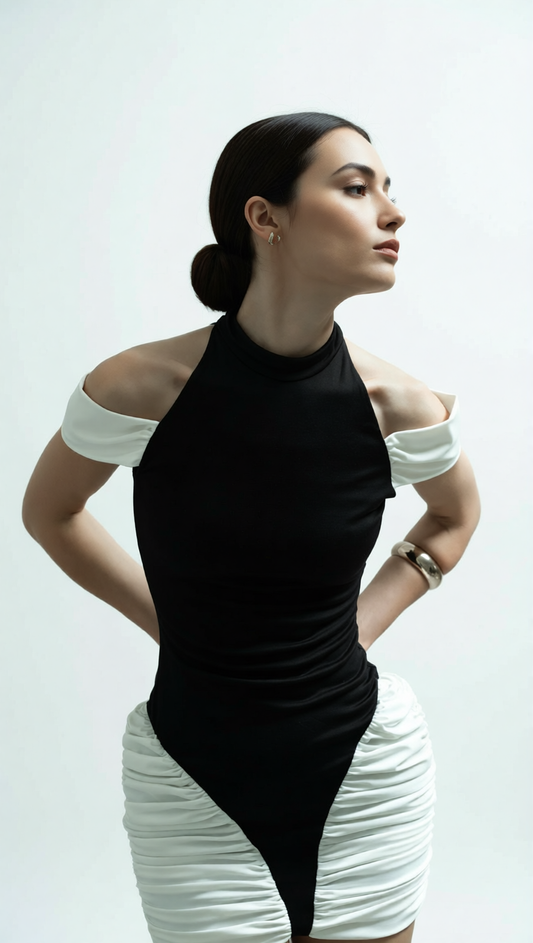 AIIZIE HESPERIA HALTER RUCHED MINI DRESS - TWO-TONE BODYCON GLAMOUR - product image